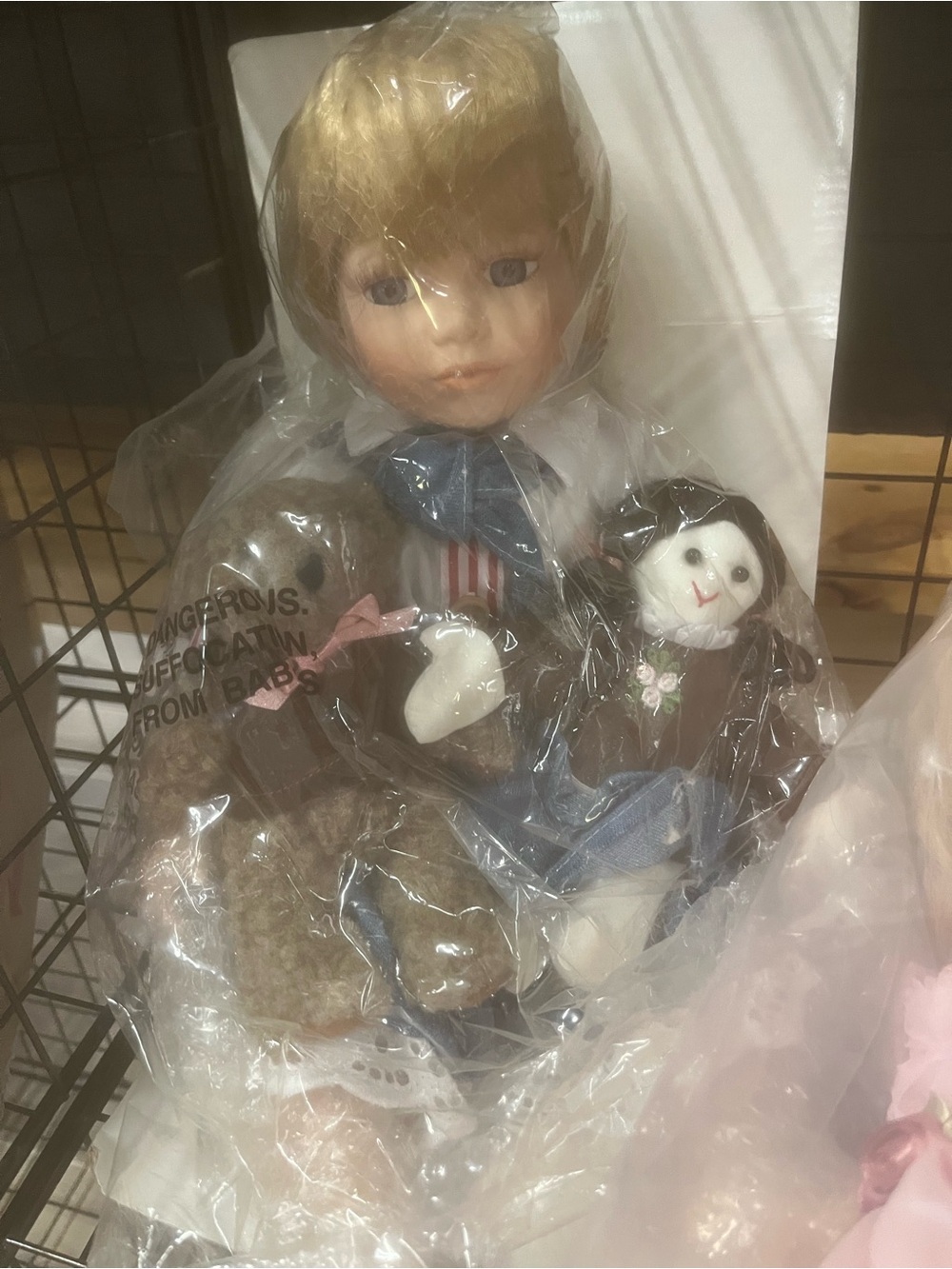 Blonde Porcelain Patriotic Doll with Brown Outfit and Teddy